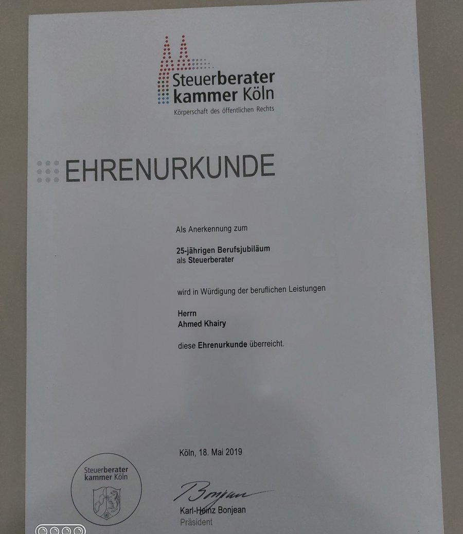 Ehrenurkunde der Steuerberaterkammer Köln zum 25-jährigen Berufsjubiläum (2019)