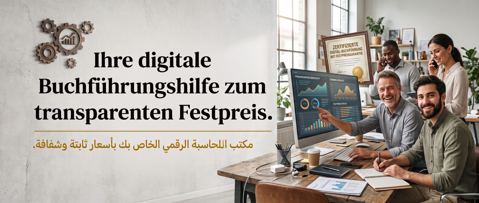 Ihre digitale Buchführung zum transparenten Festpreis – die Kanzlei bespricht Finanz-Dashboard und Festpreisgarantie – مكتب المحاسبة الرقمي الخاص بك بأسعار ثابتة وشفافة