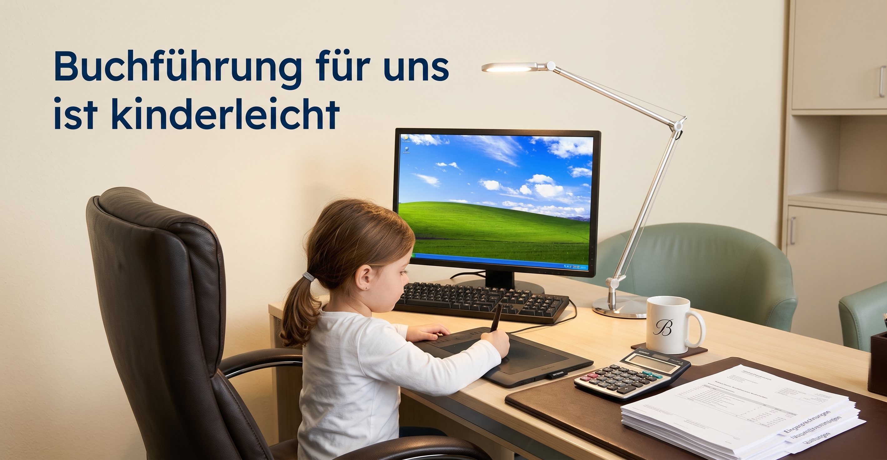 Buchführung für uns ist kinderleicht — Kind am Schreibtisch mit Rechner und Unterlagen