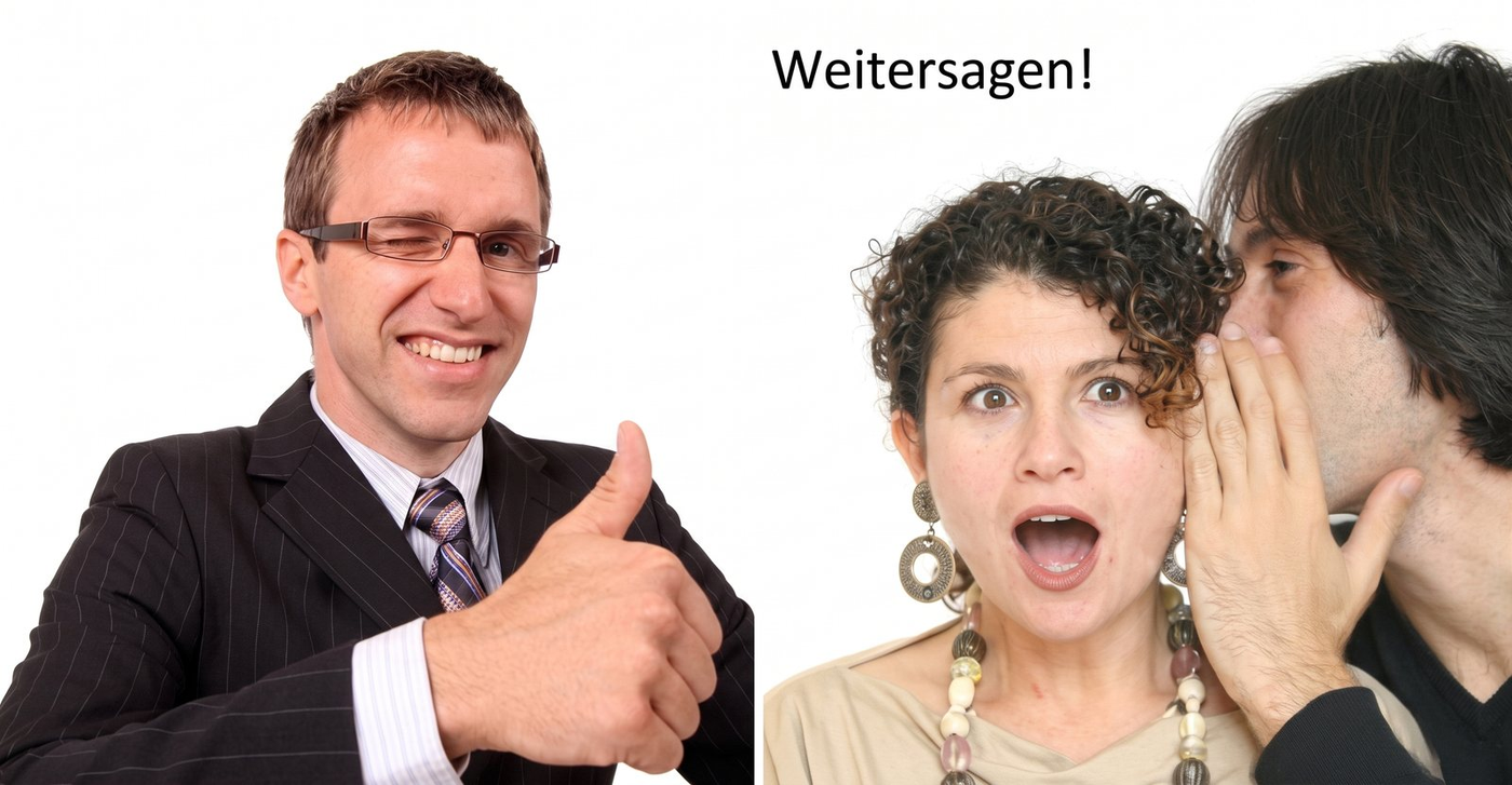 Weitersagen! — zufriedener Mandant zwinkert, zwei Personen flüstern sich eine Empfehlung zu